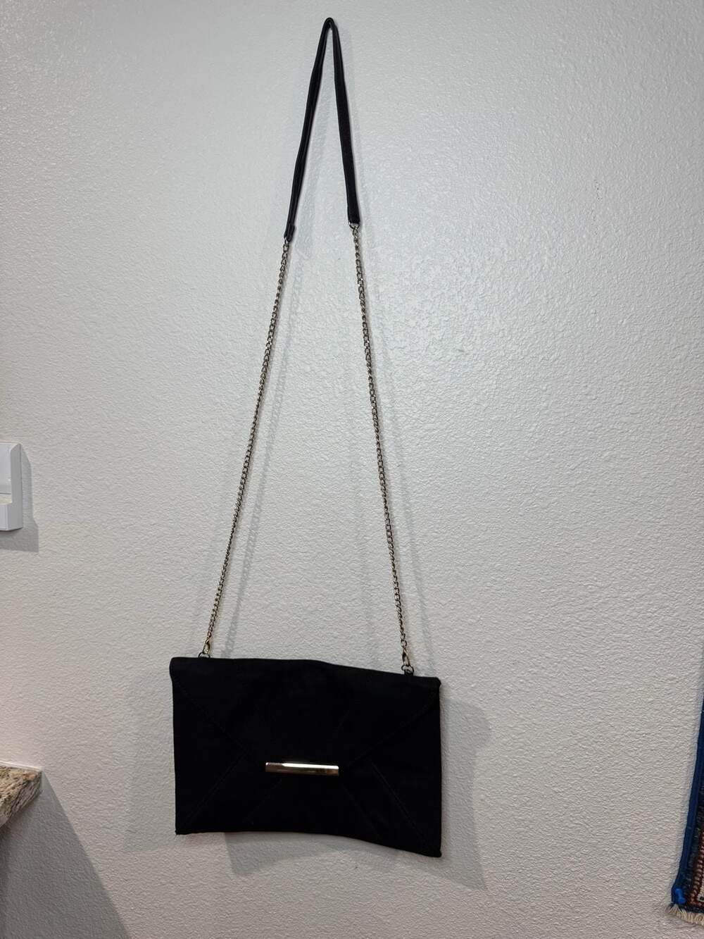 Black Suedette Fold-Over Envelope Clutch Bag with detachable gold chain